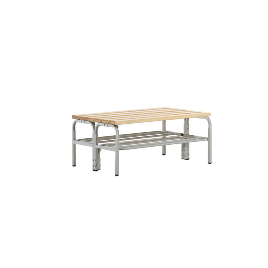 Changing room bench, double sided, pine wood slats, length 1015 mm, with shoe rack.
