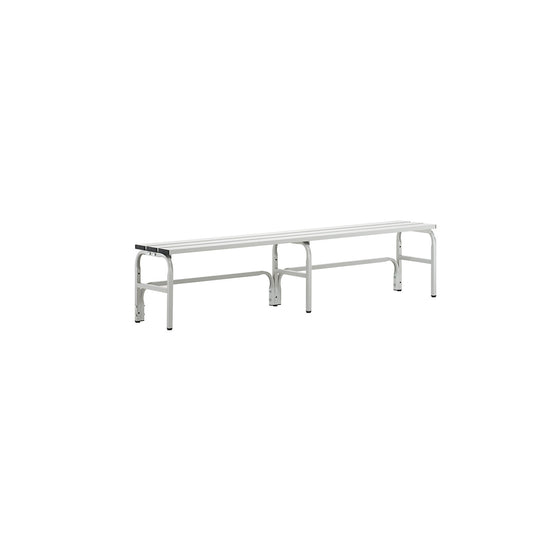 Changing room bench made of stainless steel, HxD 450 x 350 mm, length 1500 mm, light grey.