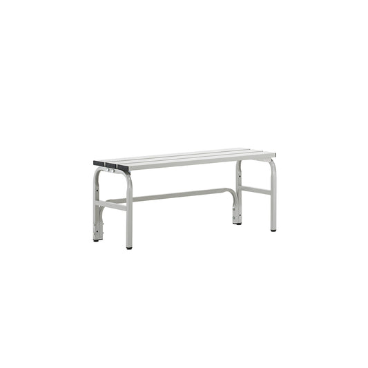 Changing room bench made of stainless steel, HxD 450 x 350 mm, length 1015 mm, light grey.