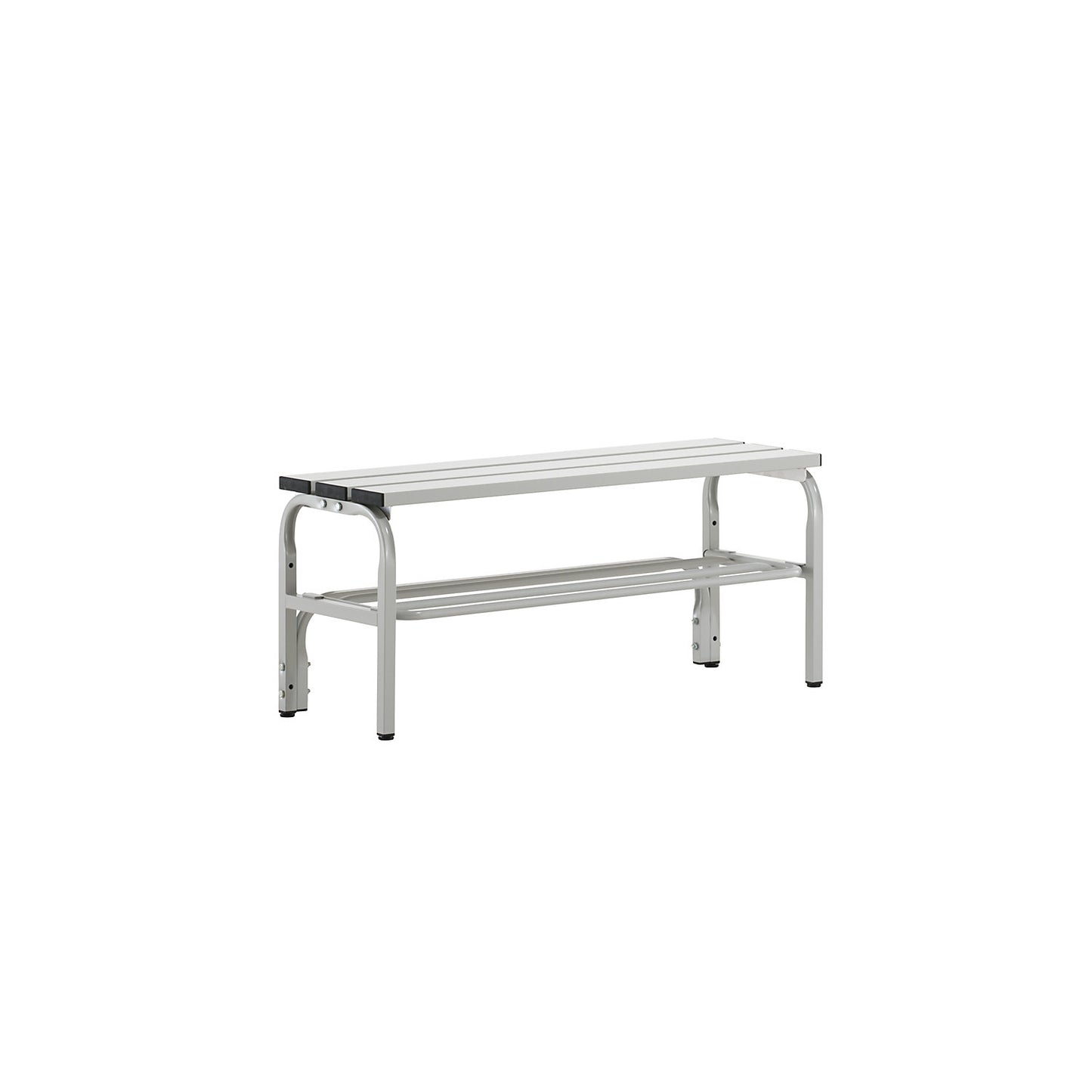 Changing room bench made of stainless steel, HxD 450 x 350 mm, length 1015 mm, light grey, shoe rack.