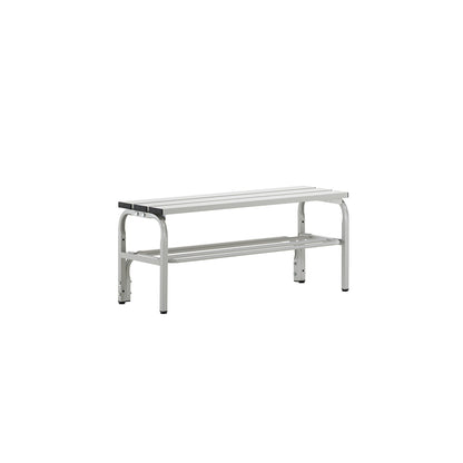 Changing room bench made of stainless steel, HxD 450 x 350 mm, length 1015 mm, light grey, shoe rack.