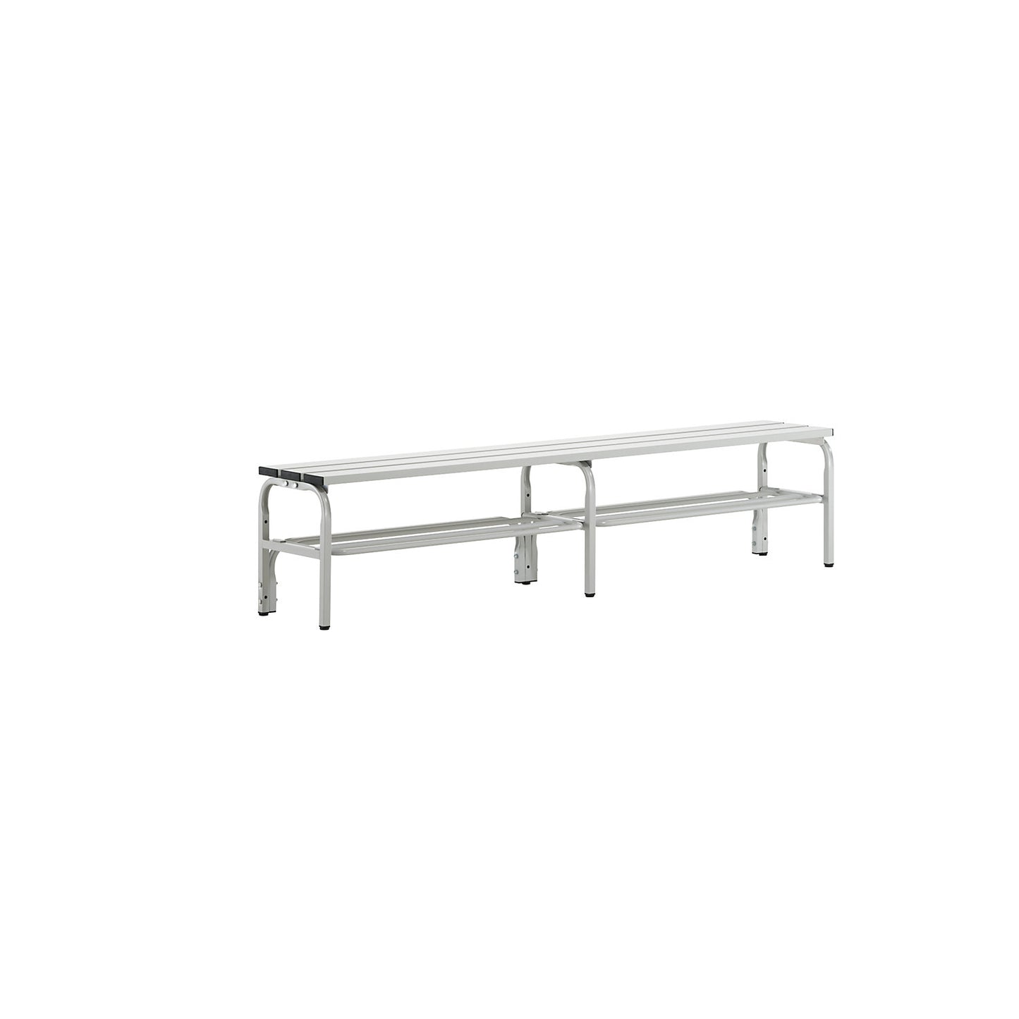 Changing room bench made of stainless steel, HxD 450 x 350 mm, length 1500 mm, light grey, shoe rack.