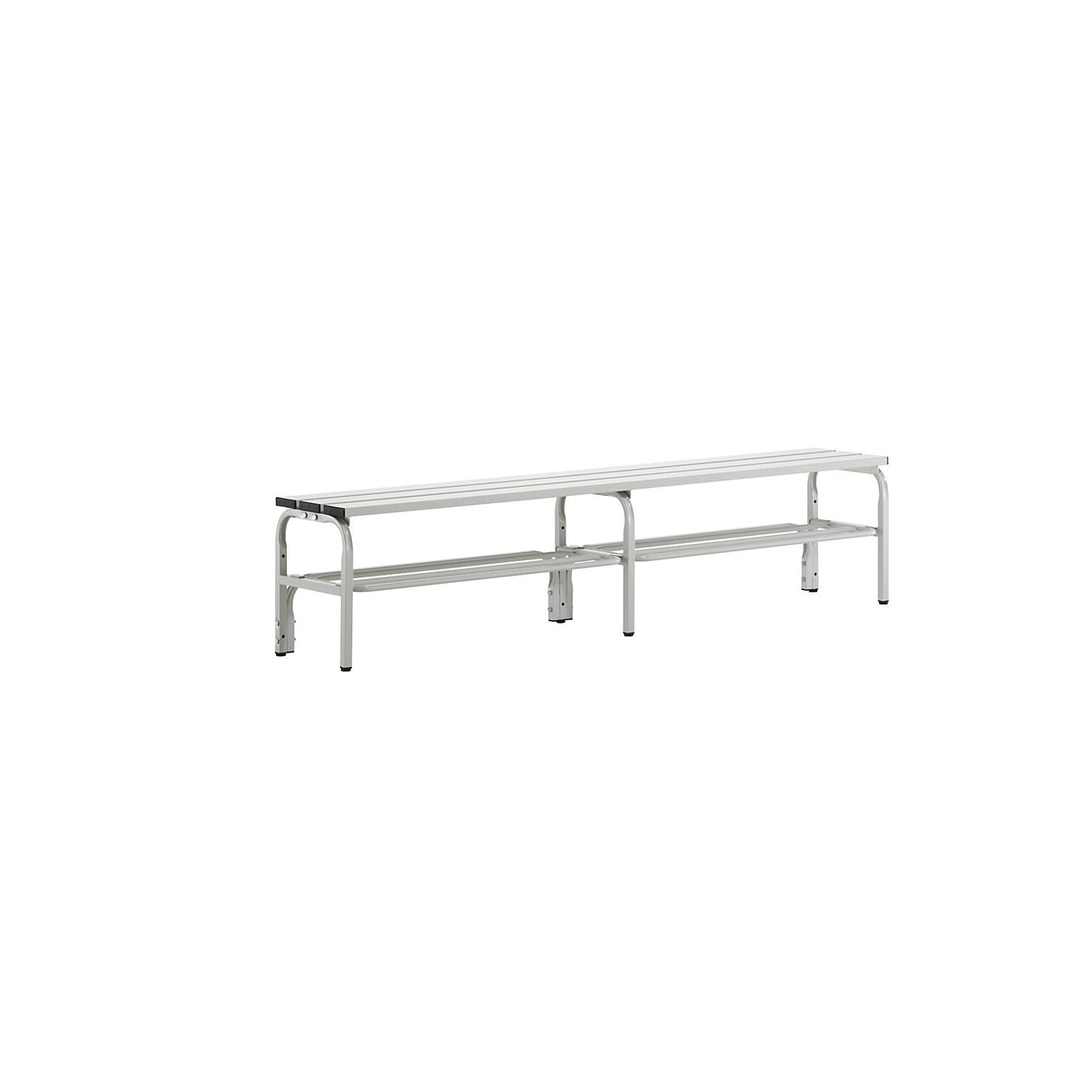 Changing room bench with aluminium slats, HxD 450 x 350 mm, length 1500 mm, light grey, shoe rack.