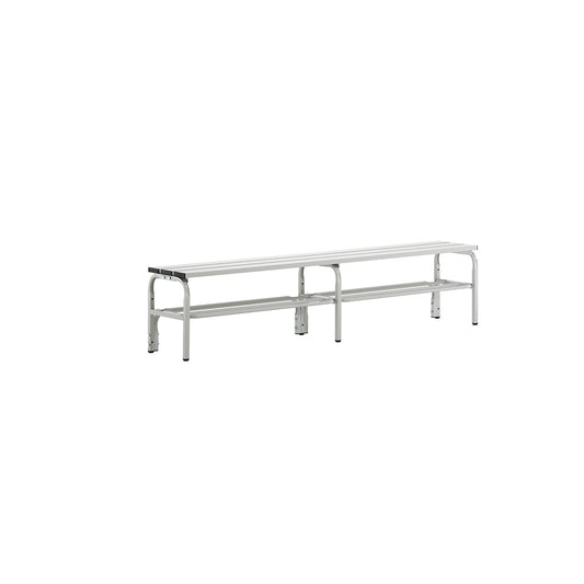 Changing room bench made of stainless steel, HxD 450 x 350 mm, length 2000 mm, light grey, shoe rack.