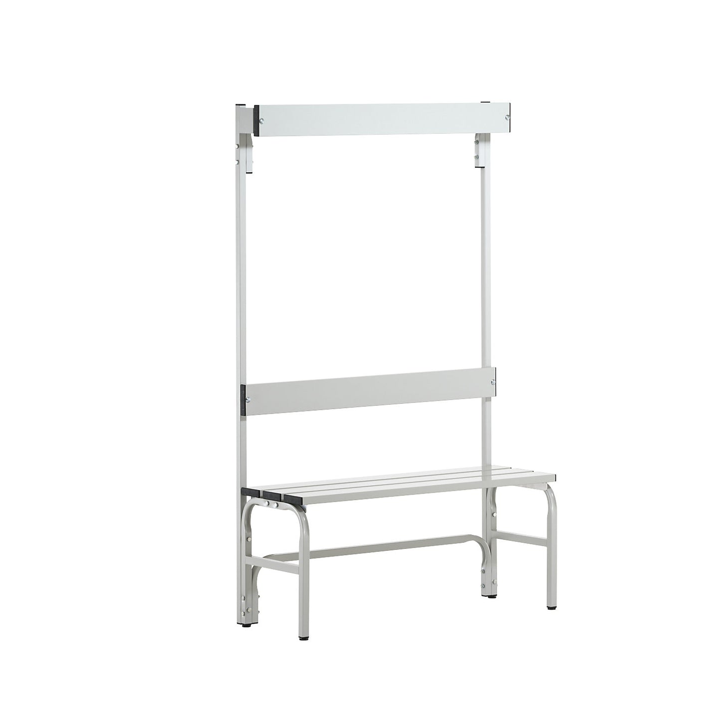 Changing room bench with aluminium slats, HxD 1650 x 375 mm, single sided, length 1015 mm, 3 hooks, light grey.