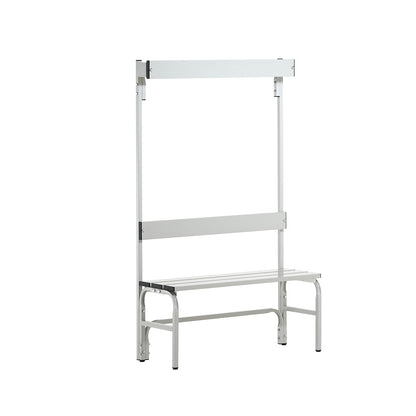 Changing room bench with aluminium slats, HxD 1650 x 375 mm, single sided, length 1015 mm, 3 hooks, light grey.