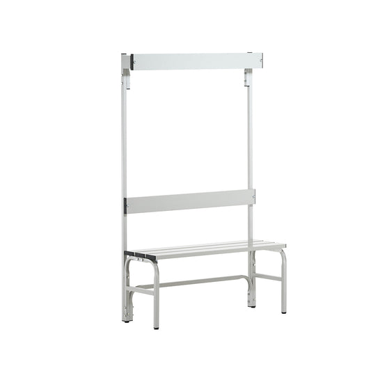 Changing room bench with aluminium slats, HxD 1650 x 375 mm, single sided, length 1015 mm, 3 hooks, light grey.
