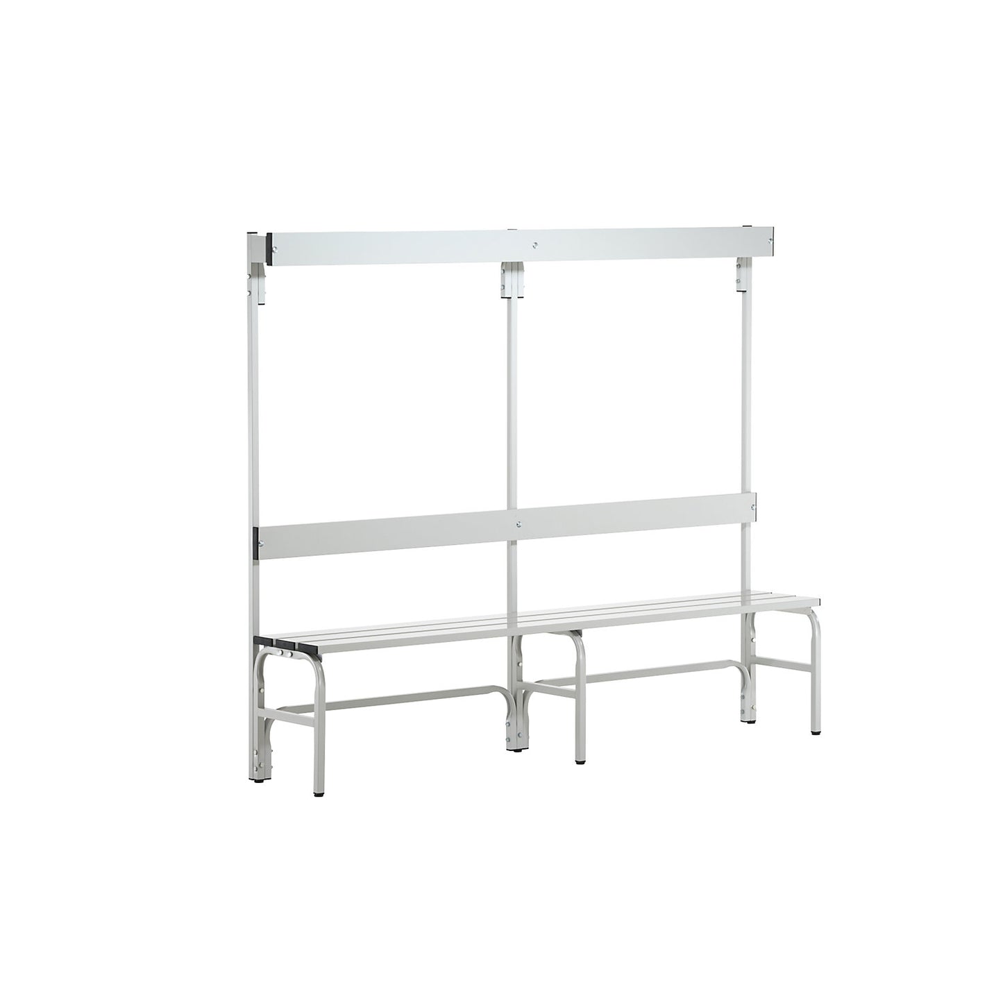 Changing room bench made of stainless steel, HxD 1650 x 375 mm, length 1500 mm, 6 hooks, light grey.