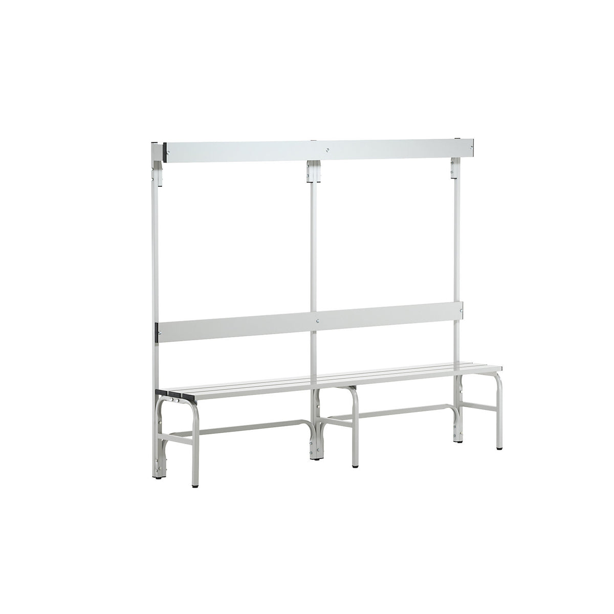 Changing room bench with backrest, single-sided, SYPRO, HxD 1650 x 375 mm, stainless steel, length 2000 mm, 6 hooks, light grey.