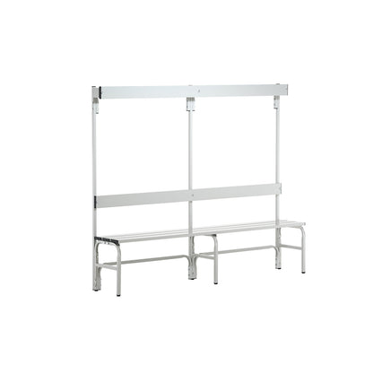 Changing room bench made of stainless steel, HxD 1650 x 375 mm, length 2000 mm, 6 hooks, light grey.