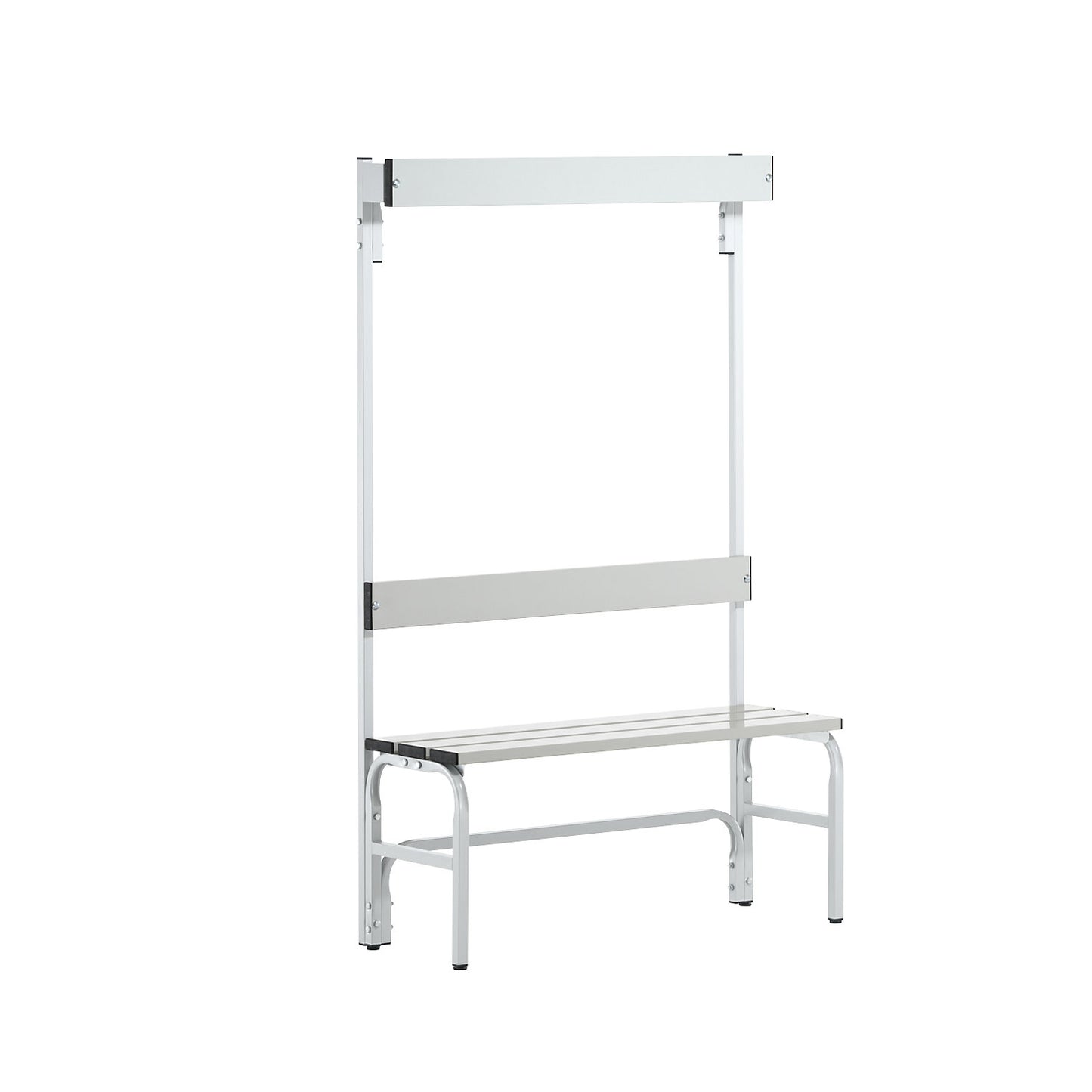 Changing room bench made of stainless steel, HxD 1650 x 375 mm, length 1015 mm, 3 hooks, light grey.