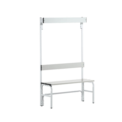 Changing room bench made of stainless steel, HxD 1650 x 375 mm, length 1015 mm, 3 hooks, light grey.