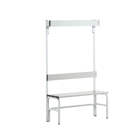 Changing room bench made of stainless steel, HxD 1650 x 375 mm, length 1015 mm, 3 hooks, light grey.