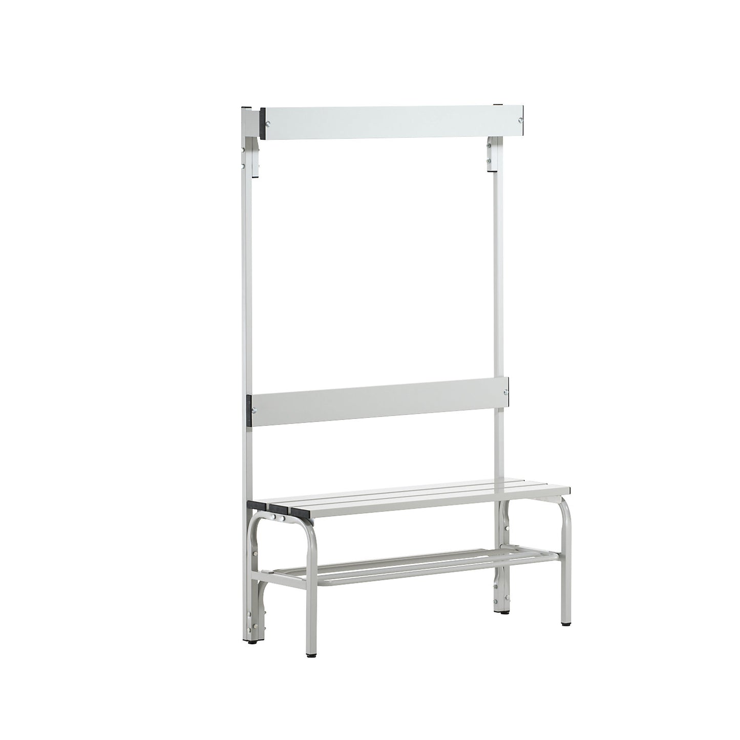Changing room bench with aluminium slats, HxD 1650 x 375 mm, single sided, length 1015 mm, 3 hooks, light grey, shoe rack.