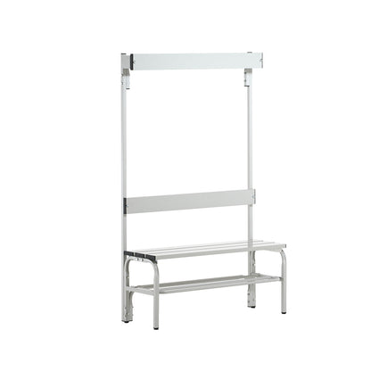 Changing room bench with aluminium slats, HxD 1650 x 375 mm, single sided, length 1015 mm, 3 hooks, light grey, shoe rack.