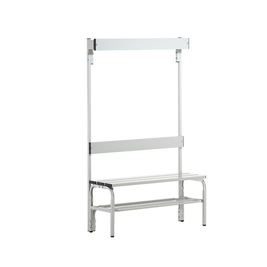 Changing room bench with aluminium slats, HxD 1650 x 375 mm, single sided, length 1015 mm, 3 hooks, light grey, shoe rack.