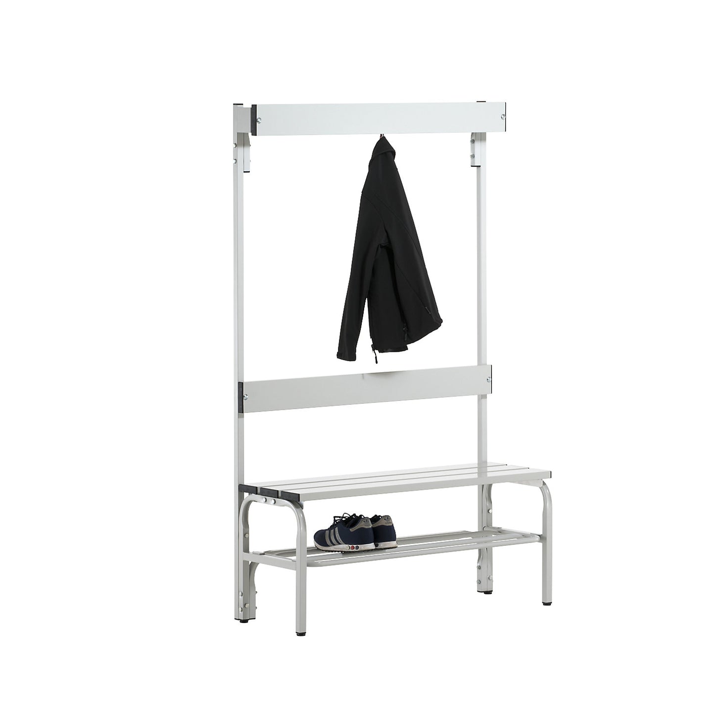 Changing room bench made of stainless steel, HxD 1650 x 375 mm, length 1015 mm, 3 hooks, light grey, shoe rack.