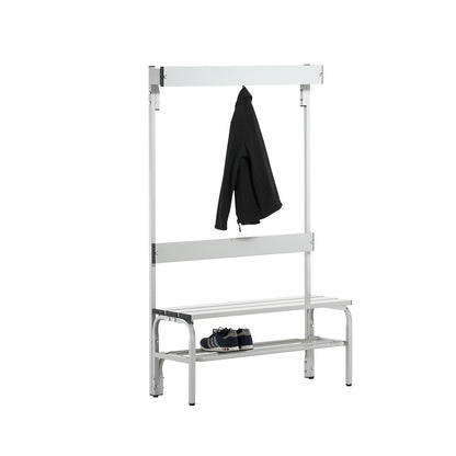 Changing room bench made of stainless steel, HxD 1650 x 375 mm, length 1015 mm, 3 hooks, light grey, shoe rack.