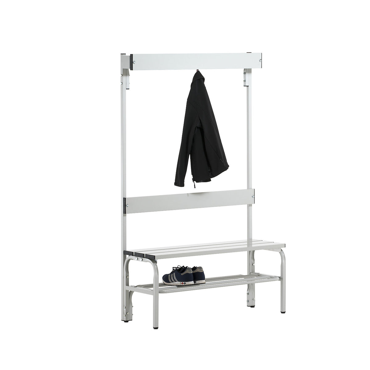 Changing room bench with backrest, single-sided, SYPRO, HxD 1650 x 375 mm, stainless steel, l 1015 mm, 3 hooks, light grey, shoe rack.
