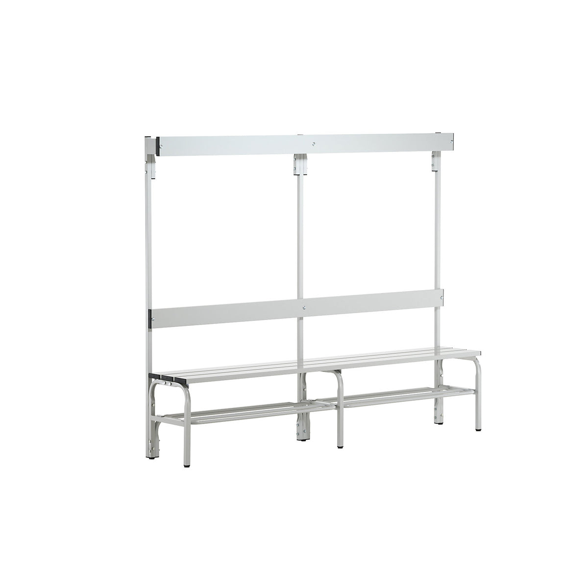 Changing room bench with backrest, single-sided, HxD 1650 x 375 mm, length 2000 mm, 6 hooks, light grey, shoe rack.