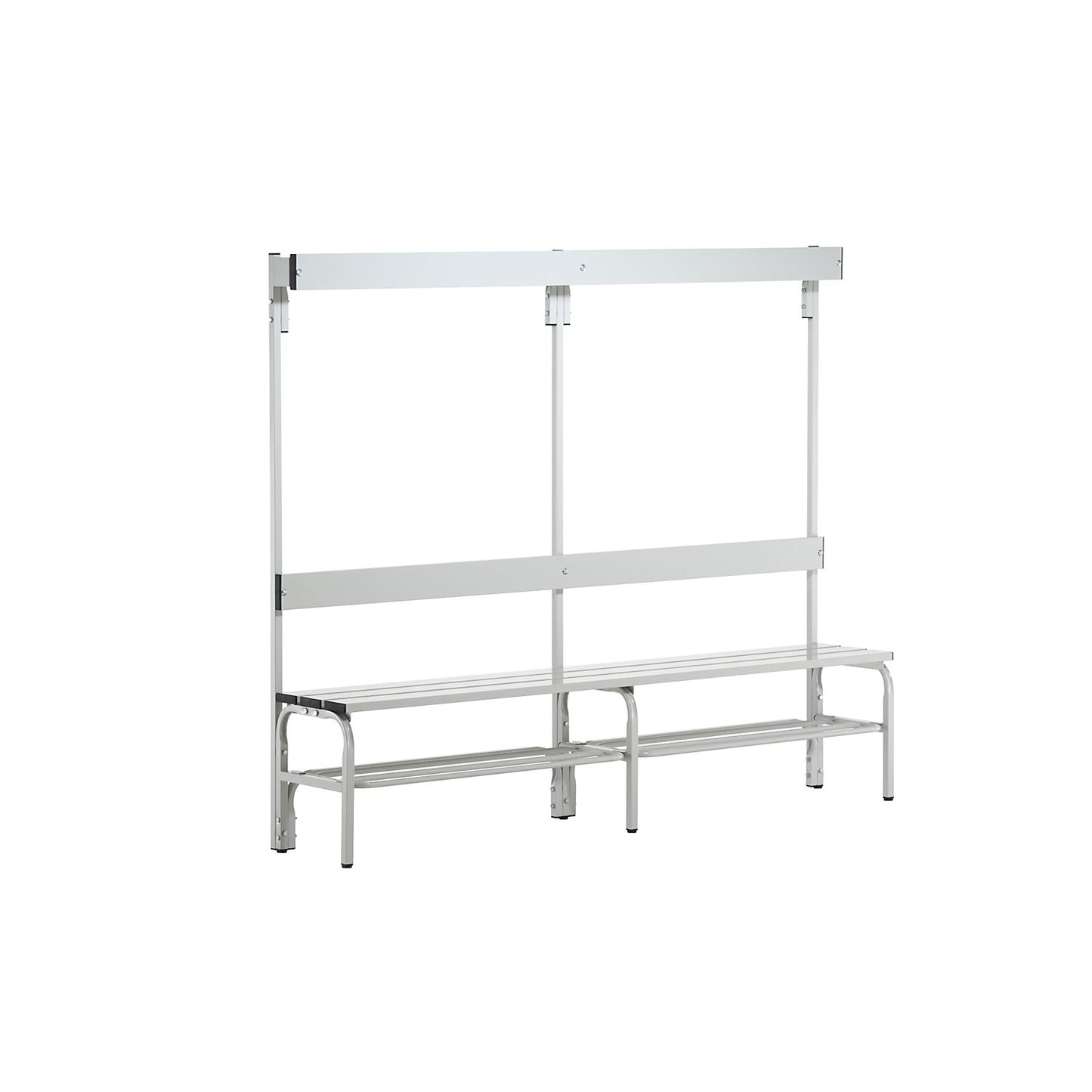 Changing room bench with aluminium slats, HxD 1650 x 375 mm, single sided, length 2000 mm, 6 hooks, light grey, shoe rack.
