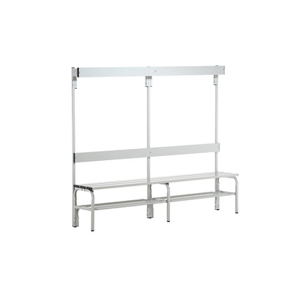 Changing room bench with aluminium slats, HxD 1650 x 375 mm, single sided, length 2000 mm, 6 hooks, light grey, shoe rack.