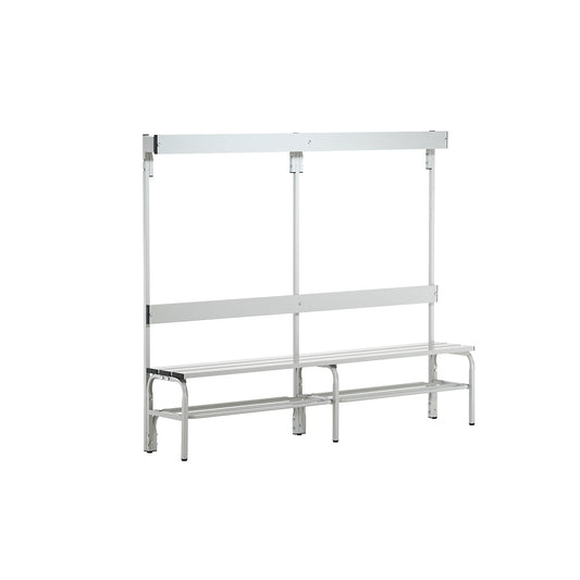 Changing room bench with aluminium slats, HxD 1650 x 375 mm, single sided, length 2000 mm, 6 hooks, light grey, shoe rack.