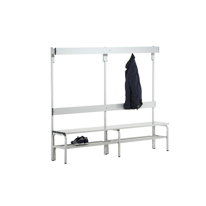 Changing room bench made of stainless steel, HxD 1650 x 375 mm, length 1500 mm, 6 hooks, light grey, shoe rack.