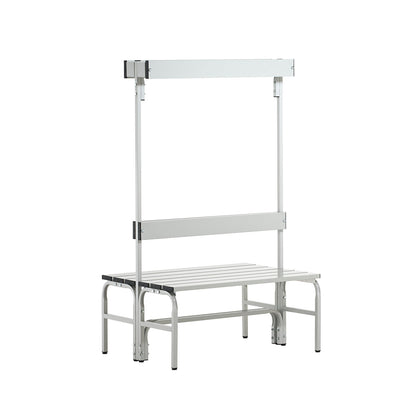 Changing room bench made of stainless steel, HxD 1650 x 725 mm, length 1015 mm, 6 hooks, light grey.