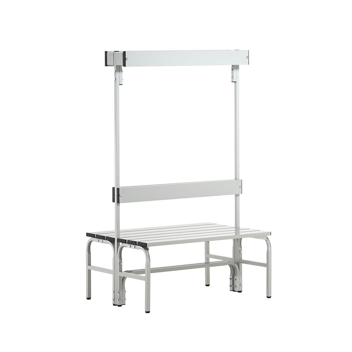 Changing room bench with aluminium slats, HxD 1650 x 725 mm, double sided, length 1015 mm, 6 hooks, light grey.