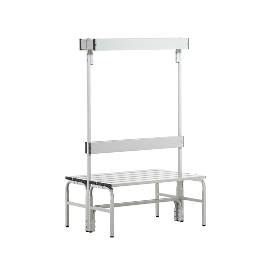 Changing room bench with aluminium slats, HxD 1650 x 725 mm, double sided, length 1015 mm, 6 hooks, light grey.