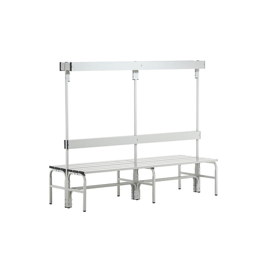 Changing room bench with aluminium slats, HxD 1650 x 725 mm, double sided, length 1500 mm, 12 hooks, light grey.