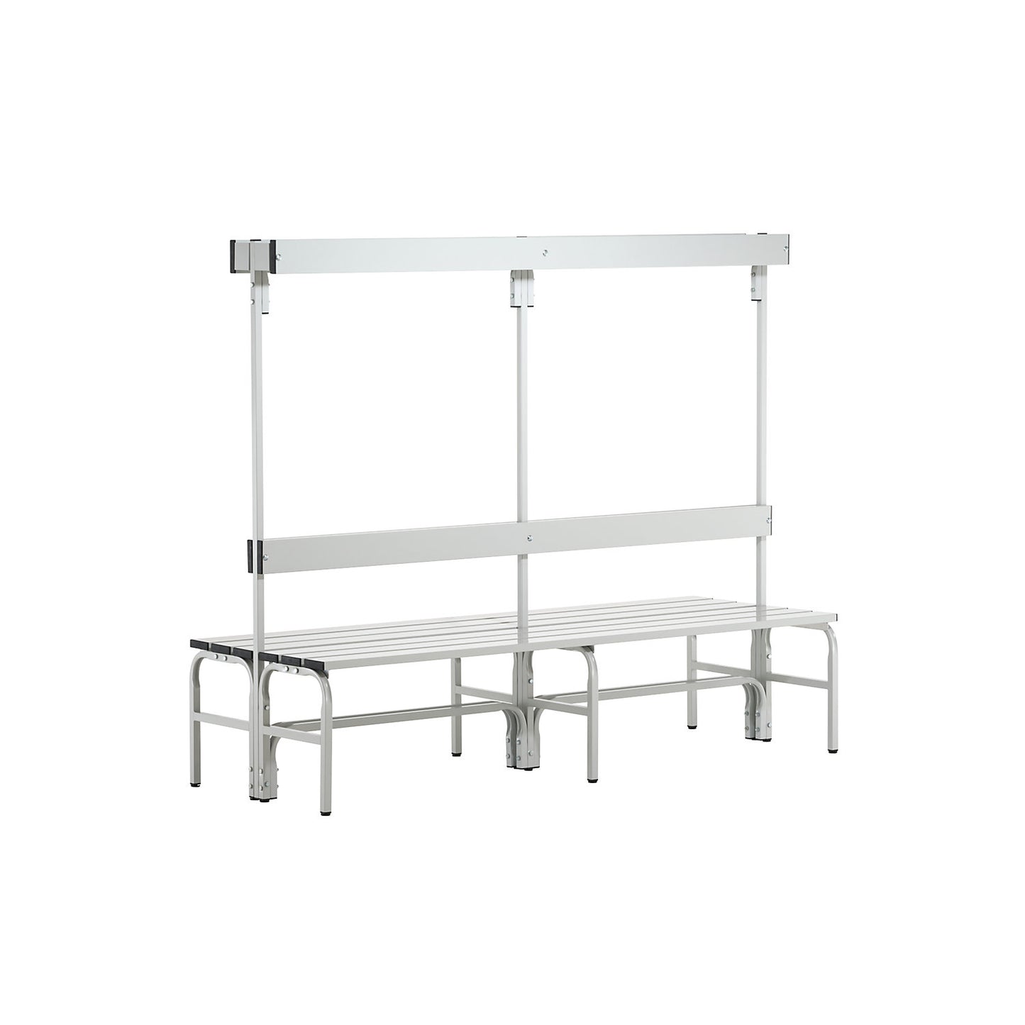 Changing room bench with aluminium slats, HxD 1650 x 725 mm, double sided, length 2000 mm, 12 hooks, light grey.