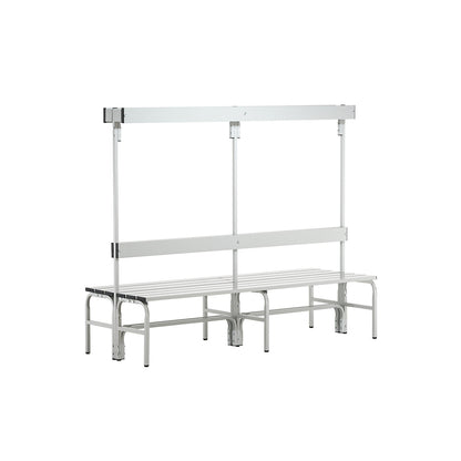 Changing room bench with aluminium slats, HxD 1650 x 725 mm, double sided, length 2000 mm, 12 hooks, light grey.