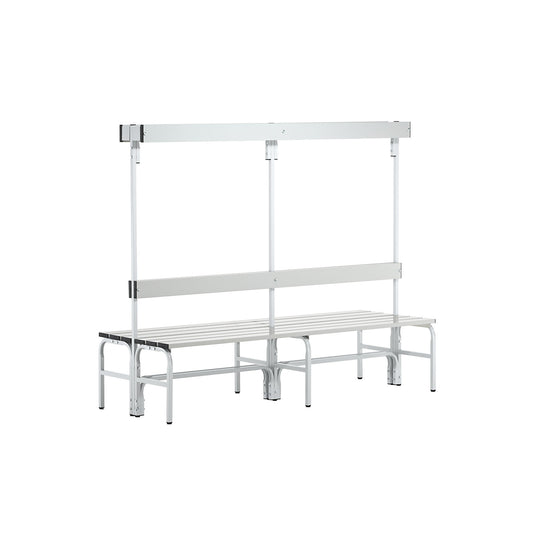 Changing room bench made of stainless steel, HxD 1650 x 725 mm, length 1500 mm, 12 hooks, light grey.