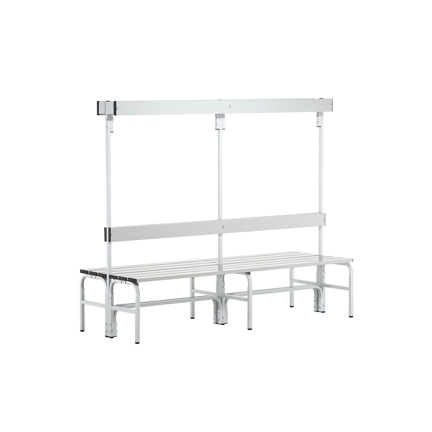 Changing room bench made of stainless steel, HxD 1650 x 725 mm, length 2000 mm, 12 hooks, light grey.