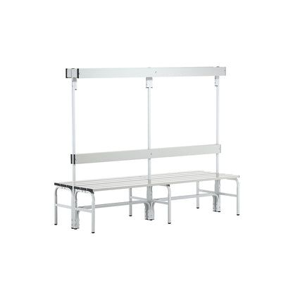 Changing room bench made of stainless steel, HxD 1650 x 725 mm, length 2000 mm, 12 hooks, light grey.