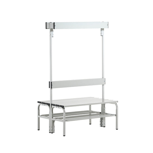 Changing room bench with aluminium slats, HxD 1650 x 725 mm, double sided, length 1015 mm, 6 hooks, light grey, shoe rack.