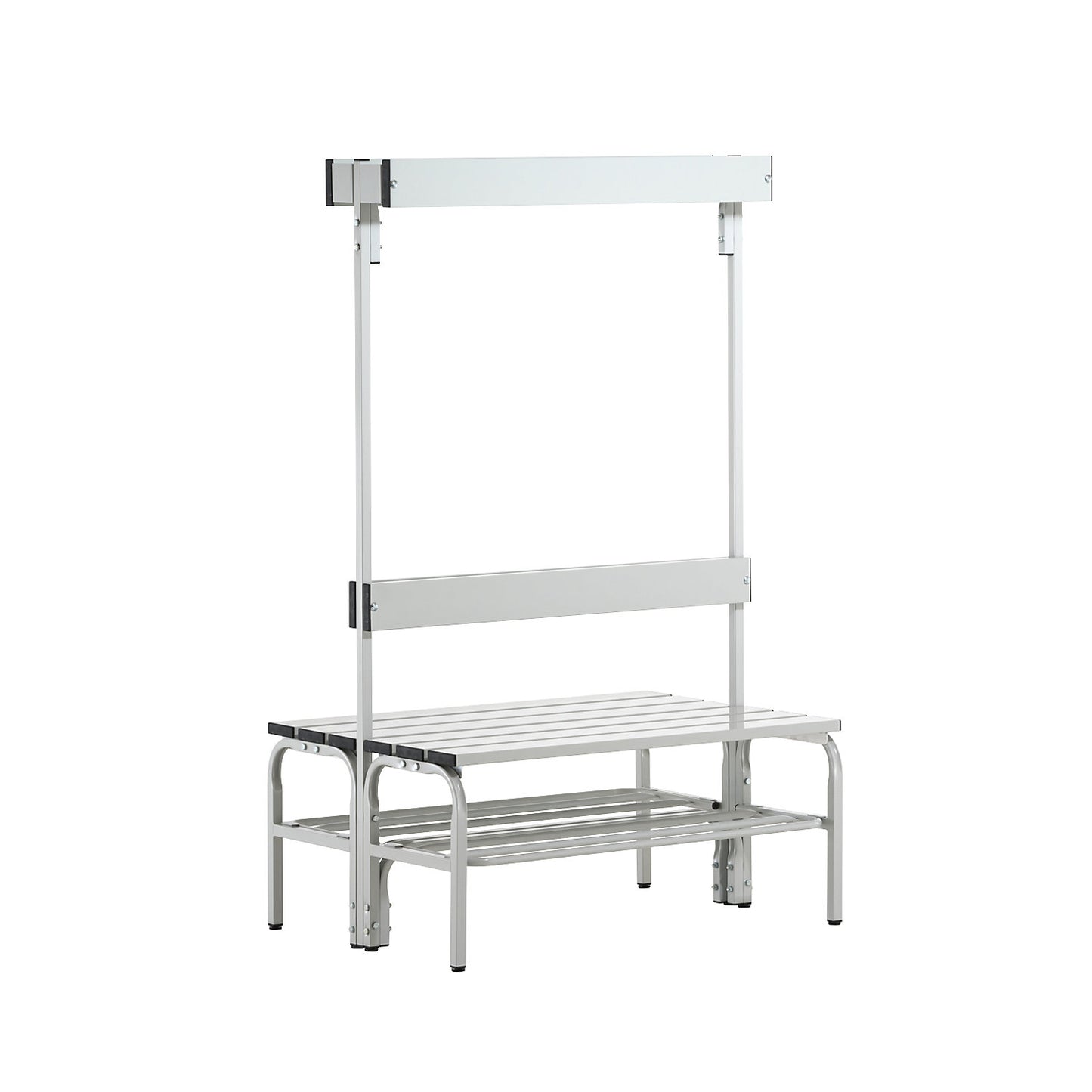 Changing room bench made of stainless steel, HxD 1650 x 725 mm, length 1015 mm, 6 hooks, light grey, shoe rack.
