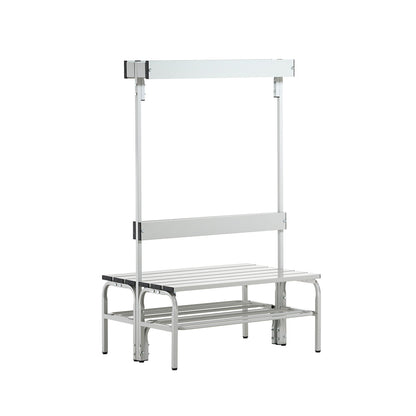 Changing room bench made of stainless steel, HxD 1650 x 725 mm, length 1015 mm, 6 hooks, light grey, shoe rack.