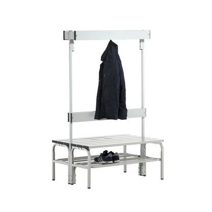 Changing room bench made of stainless steel, HxD 1650 x 725 mm, length 1015 mm, 6 hooks, light grey, shoe rack.