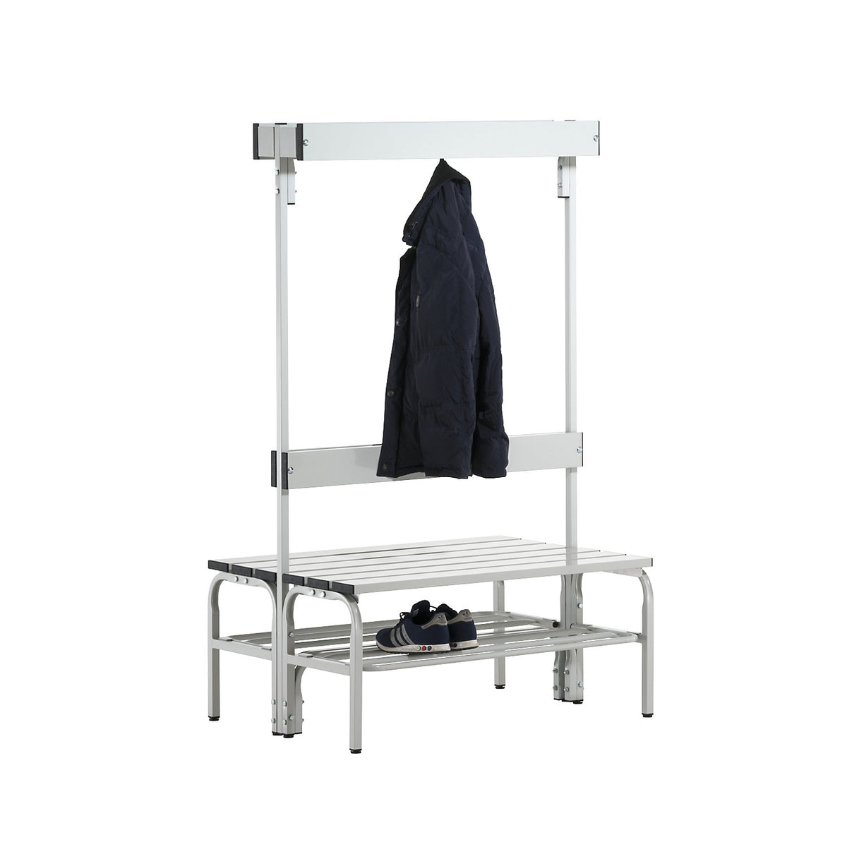 Changing room bench with backrest, double-sided, SYPRO, HxD 1650 x 725 mm, stainless steel, l 1015 mm, 6 hooks, light grey, shoe rack.