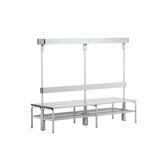 Changing room bench with aluminium slats, HxD 1650 x 725 mm, double sided, length 1500 mm, 12 hooks, light grey, shoe rack.
