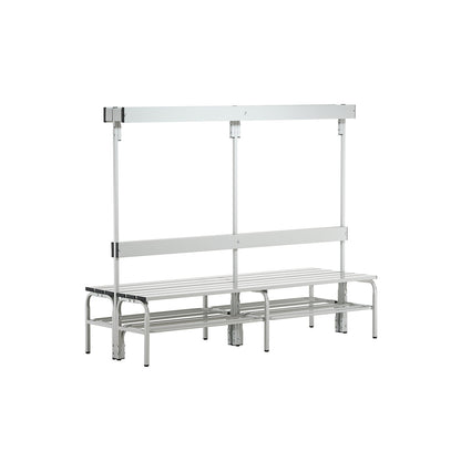 Changing room bench made of stainless steel, HxD 1650 x 725 mm, length 2000 mm, 12 hooks, light grey, shoe rack.