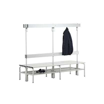 Changing room bench with aluminium slats, HxD 1650 x 725 mm, double sided, length 1500 mm, 12 hooks, light grey, shoe rack.