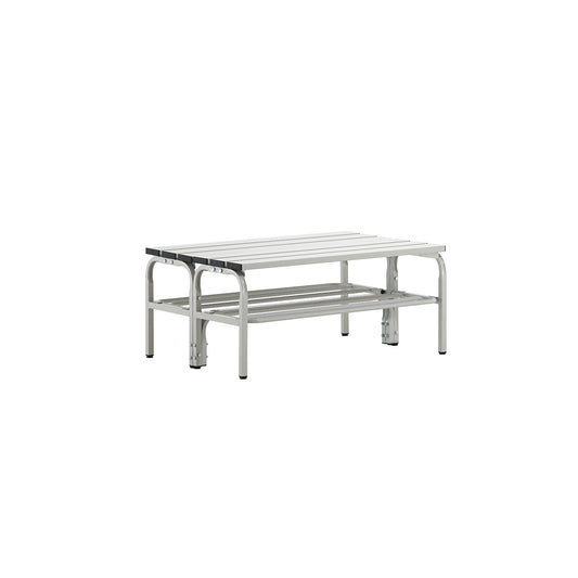 Changing room bench, double sided, aluminium slats, light grey, length 1015 mm, with shoe rack.