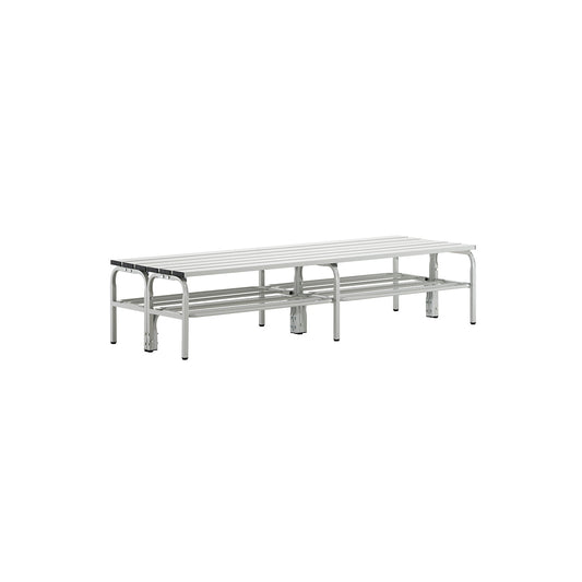 Changing room bench, double sided, aluminium slats, light grey, length 1500 mm, with shoe rack.