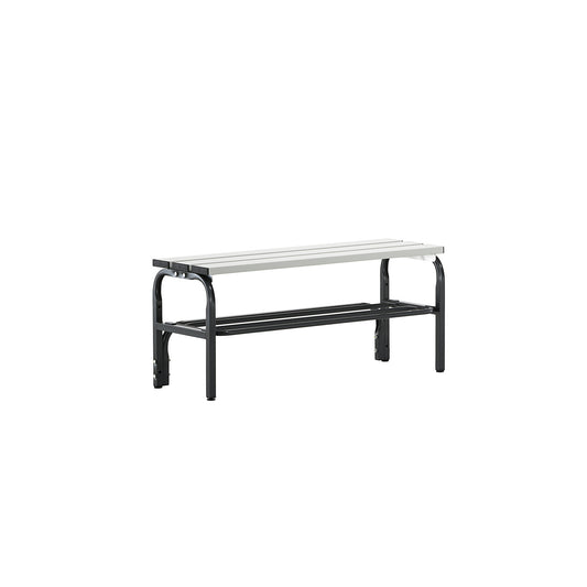 Changing room bench made of stainless steel, HxD 450 x 350 mm, length 1015 mm, charcoal, shoe rack.