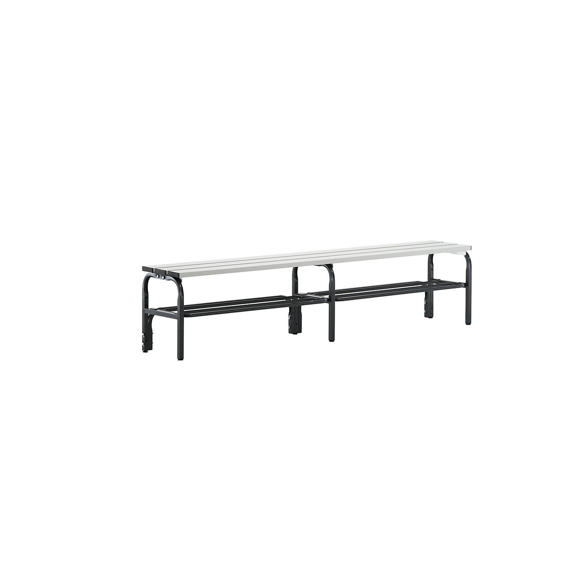 Changing room bench made of stainless steel, HxD 450 x 350 mm, length 2000 mm, charcoal, shoe rack.