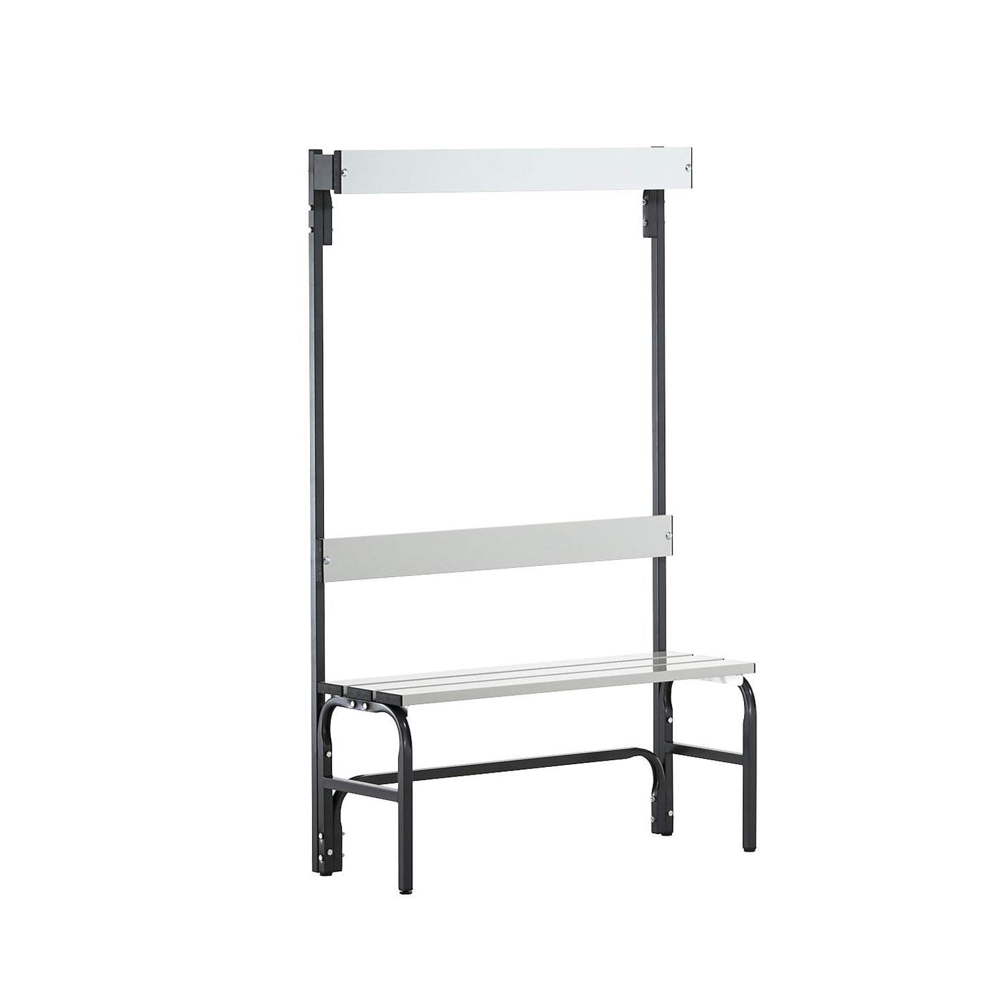 Changing room bench with aluminium slats, HxD 1650 x 375 mm, single sided, length 1015 mm, 3 hooks, charcoal.